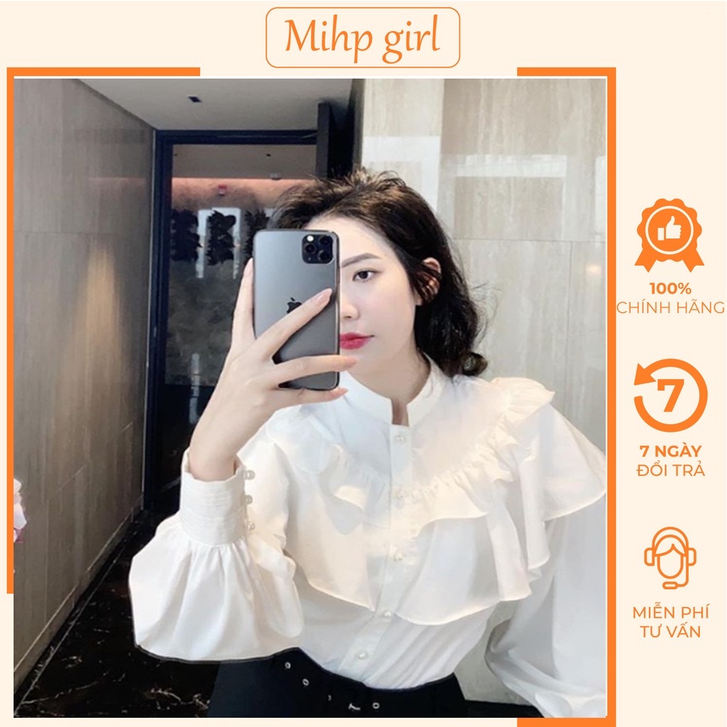 Áo sơ mi bèo tầng nút ngọc cổ trụ,áo kiểu nữ cổ trụ tay dài.