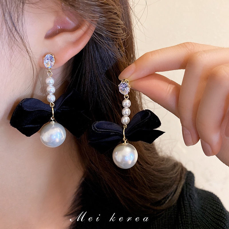 1 Đôi Bông Tai Bạc Hình Nơ Đính Đá Zircon Màu Đen Ngọc Trai Phong Cách Pháp Thời Trang