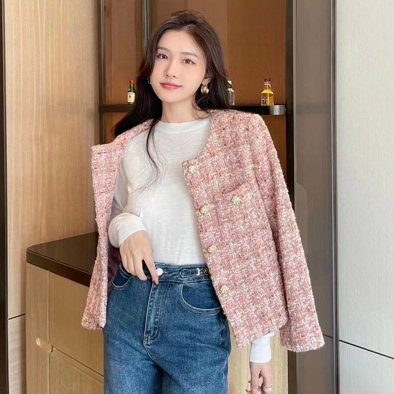 Áo dạ tweed màu hồng trẻ trung 2 lớp dày dặn
