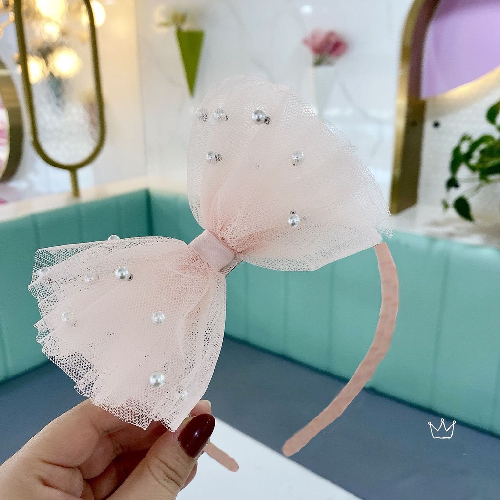 Bờm tóc nơ voan đính hạt trai nhân tạo đáng yêu cho bé gái - L009