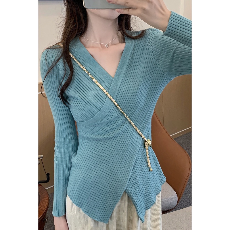 COZOK Áo Thun Dệt Kim Tay Dài Cổ Chữ V Vạt Chéo Thời Trang Dành Cho Nữ