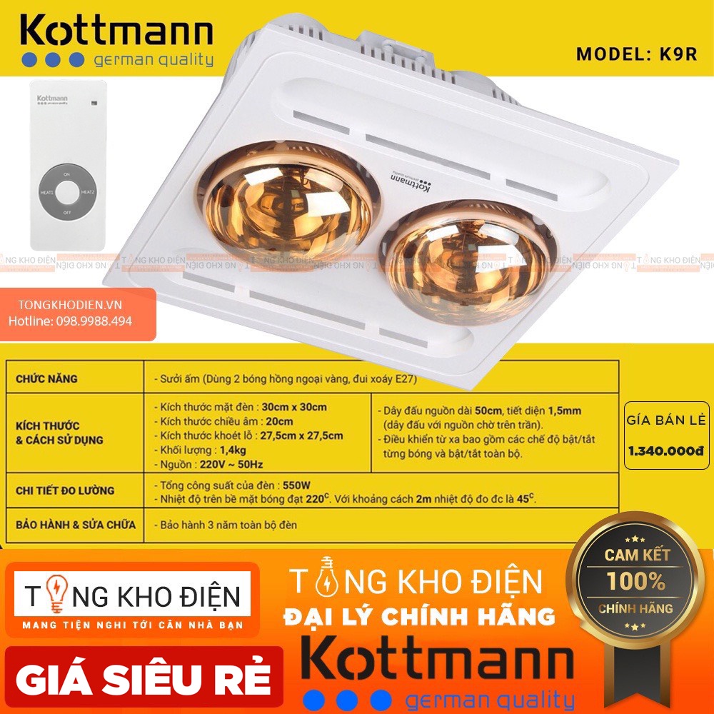 [BẢO HÀNH 3 NĂM 1 ĐỔI 1] Đèn sưởi nhà tắm Kottmann 2 Bóng Âm Trần Hồng Ngoại K9R/K9S [CHÍNH HÃNG]