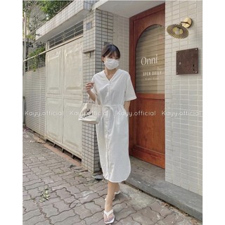 [THANH LÝ] Đầm/Váy sơ mi xẻ tà cổ V dáng dài có dây buộc - Momiji Store