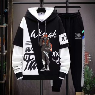 Bộ Áo Hoodie + Quần Dài In Họa Tiết Phong Cách Hip Hop Đường Phố Hàn Quốc Chất Lượng Cao Cho Nam