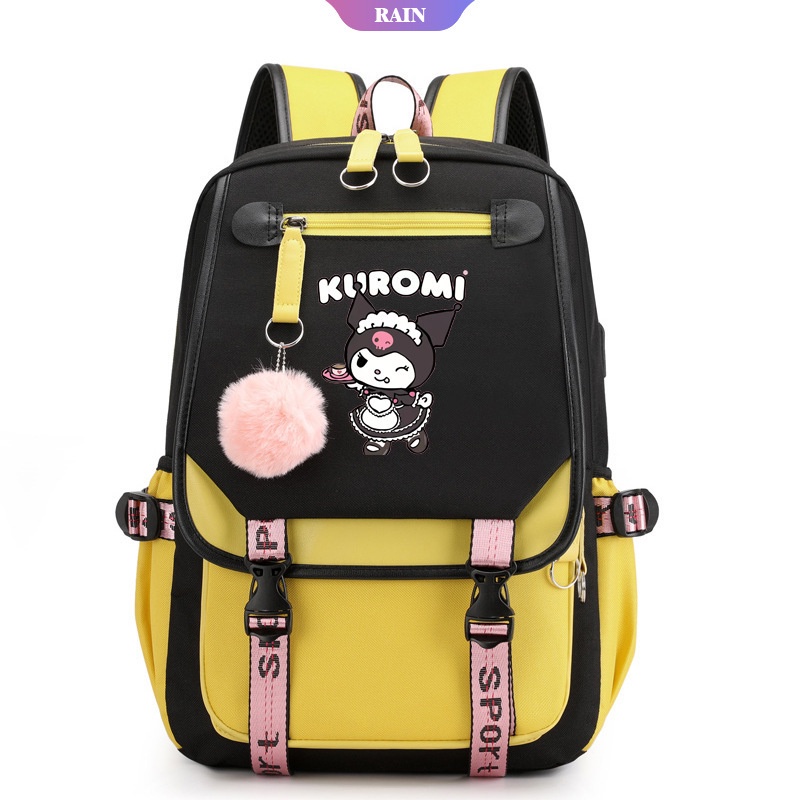 Balo Đi Học / Du Lịch / Đựng Laptop Sức Chứa Lớn Họa Tiết Hoạt Hình Sanrio Kuromi Có Cổng Sạc USB [RAIN]