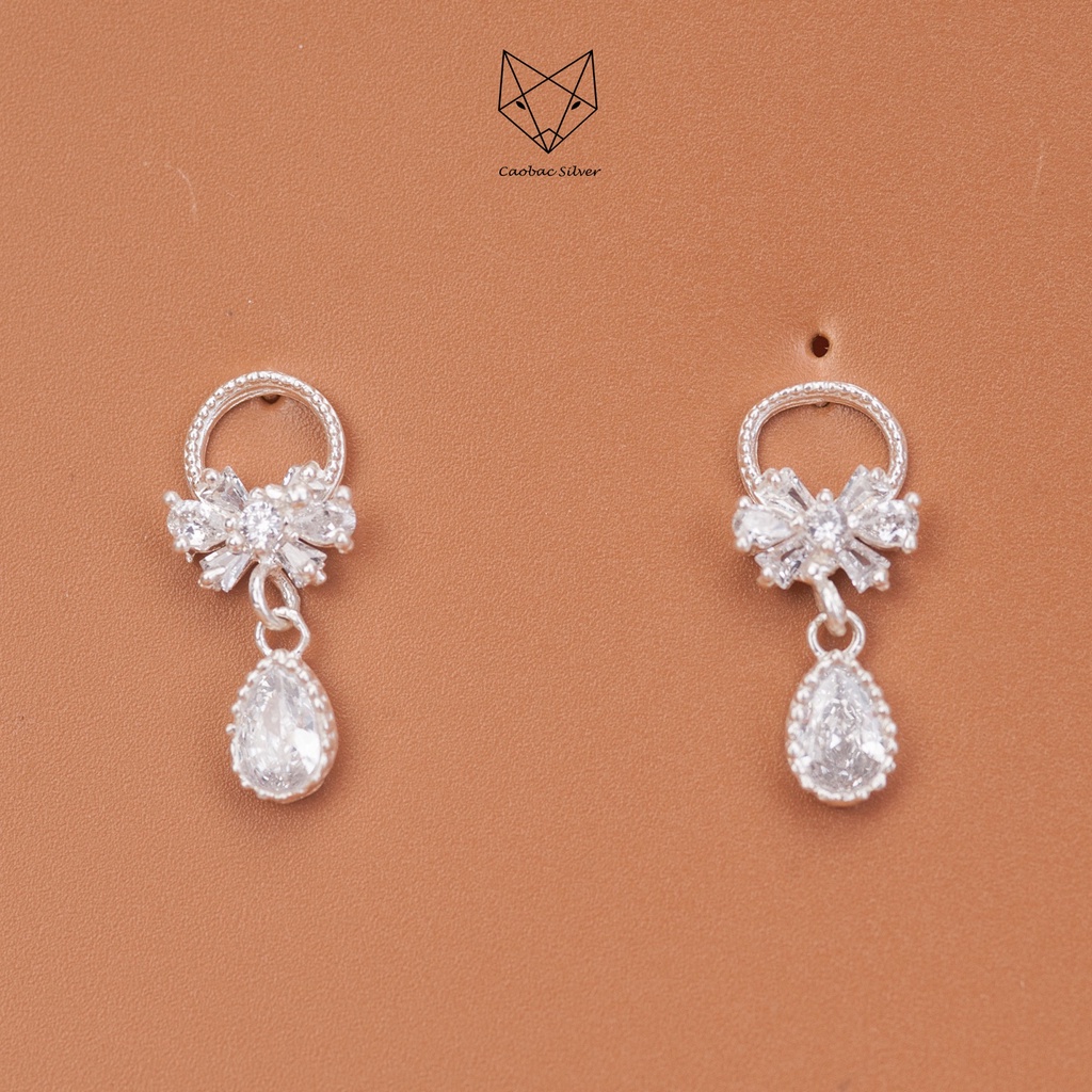 Khuyên Tai Bạc Ta Nữ CaoBac Silver Hình Nơ Thiết Kế Giọt Đá Rơi Lấp Lánh Tinh Tế, Dễ Thương Xinh Xắn Dành Cho Bạn Gái