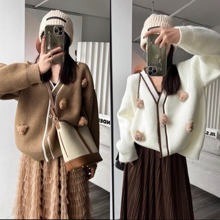 Áo khoác cardigan len viền gấu cài cute hàng QC