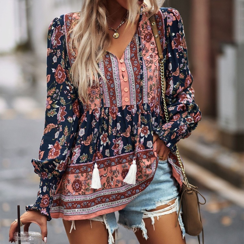 Áo Kiểu Tay Phồng Dài Dáng Rộng Cổ Chữ V Phối Dây Rút In Hoa Thời Trang Xinh Xắn Cho Nữ