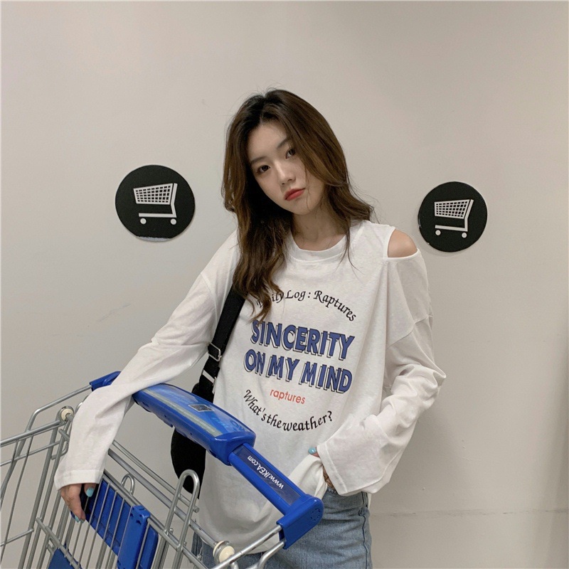 IELGY Áo Thun Nữ Dài Tay In Chữ Khoét Lỗ Thời Trang