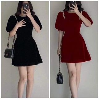 Váy nhung đính đá tay bồng khoét eo phong cách tiểu thư V28113
