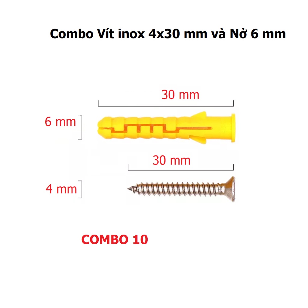 10 Vít Inox + Nở Nhựa - Taky, màu Vàng 6 - 8mm Kèm Vít Inox 304 - Hàng Tốt, Đóng Tường Chắc Chắn, Chống Gỉ - 5080