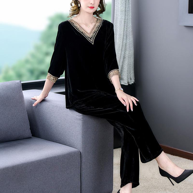 Bộ Đồ Hai Mảnh Áo Nhung Lụa Mulberry Cao Cấp Phong Cách Phương Tây Sang Trọng Mùa Thu Hàng Mới Dành Cho Mẹ