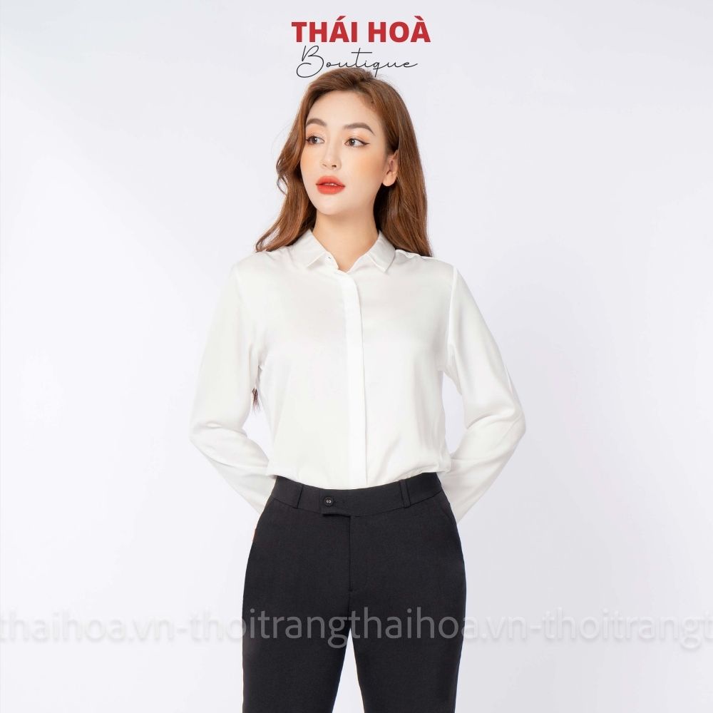 Áo sơ mi nữ lụa công sở màu trắng dài tay thiết kế kiểu dáng thanh lịch Thái Hòa 8883-01-01