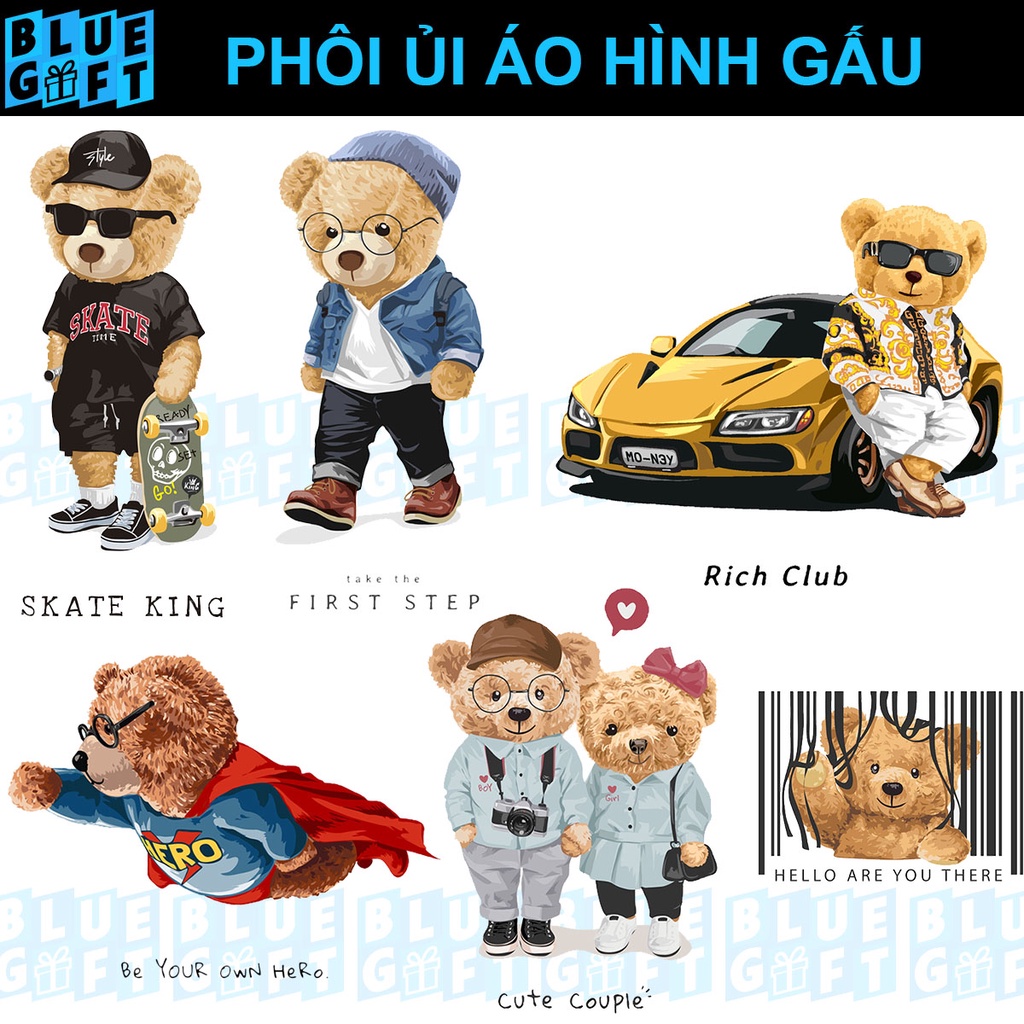 (Hình Ủi Nhiệt Quần Áo - Miếng Dán Ủi Quần Áo) Có In Theo Yêu Cầu, Hình Ủi Gấu G22 - Blue Gift