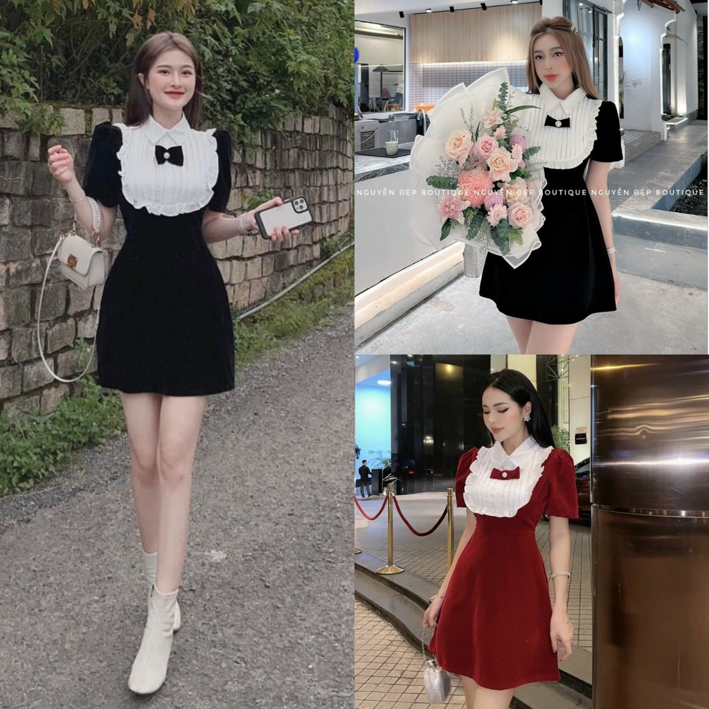Đầm phối cổ sơ mi trắng bèo ngực dập ly đính nơ kiểu dáng trẻ trung xinh xắn