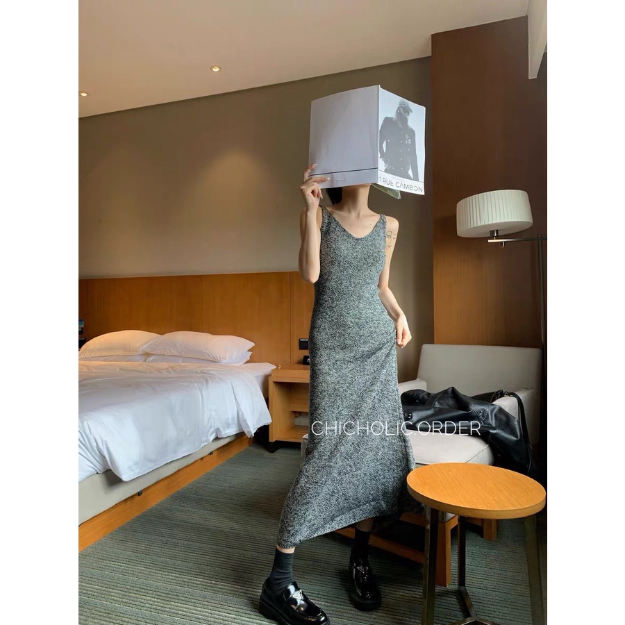 Váy hai dây màu muối tiêu dáng dài new hot phong cách retro
