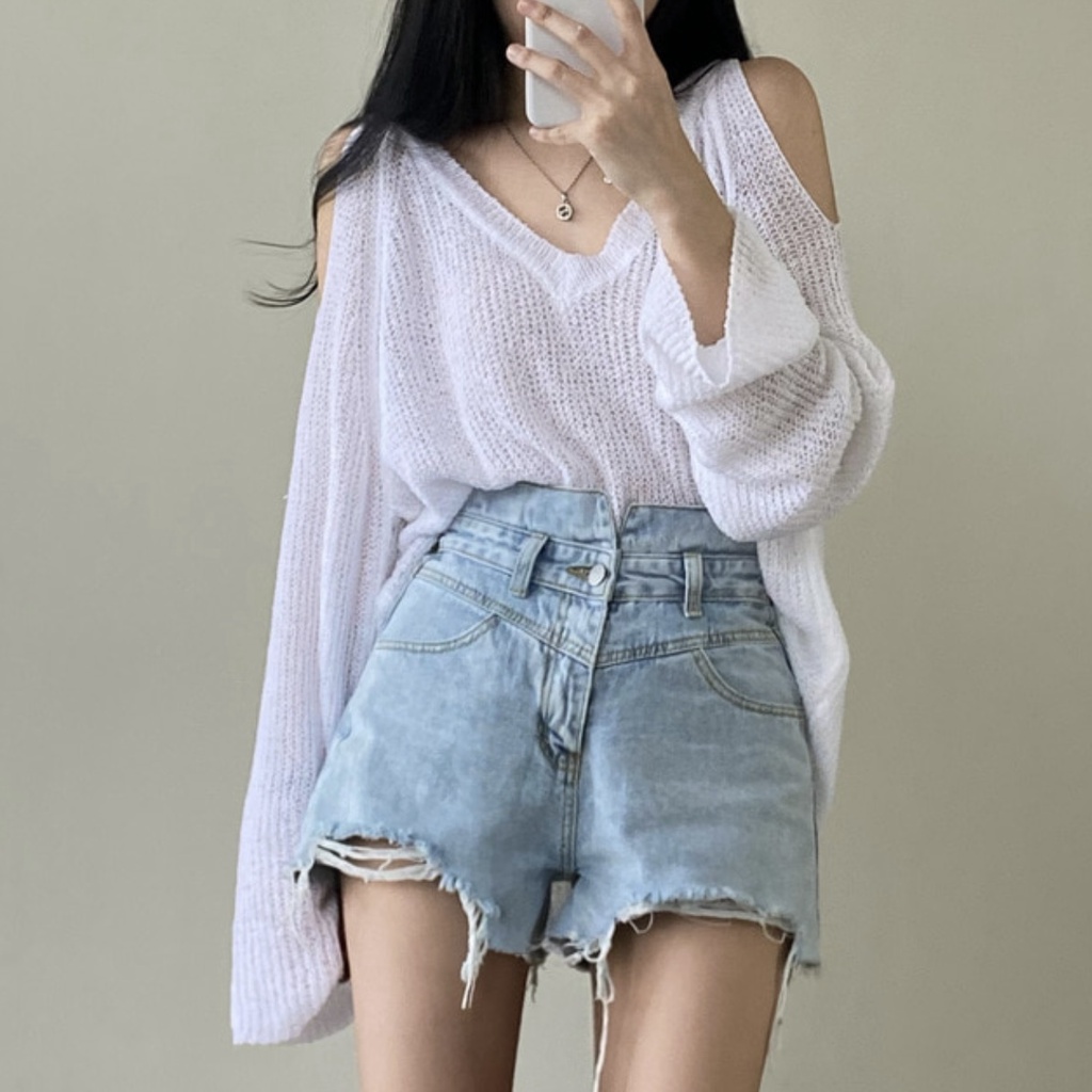 Áo Dệt Kim Trễ Vai Cổ Chữ V Dáng Rộng Màu Sắc Đơn Giản Phong Cách Hàn Quốc Cho Nữ