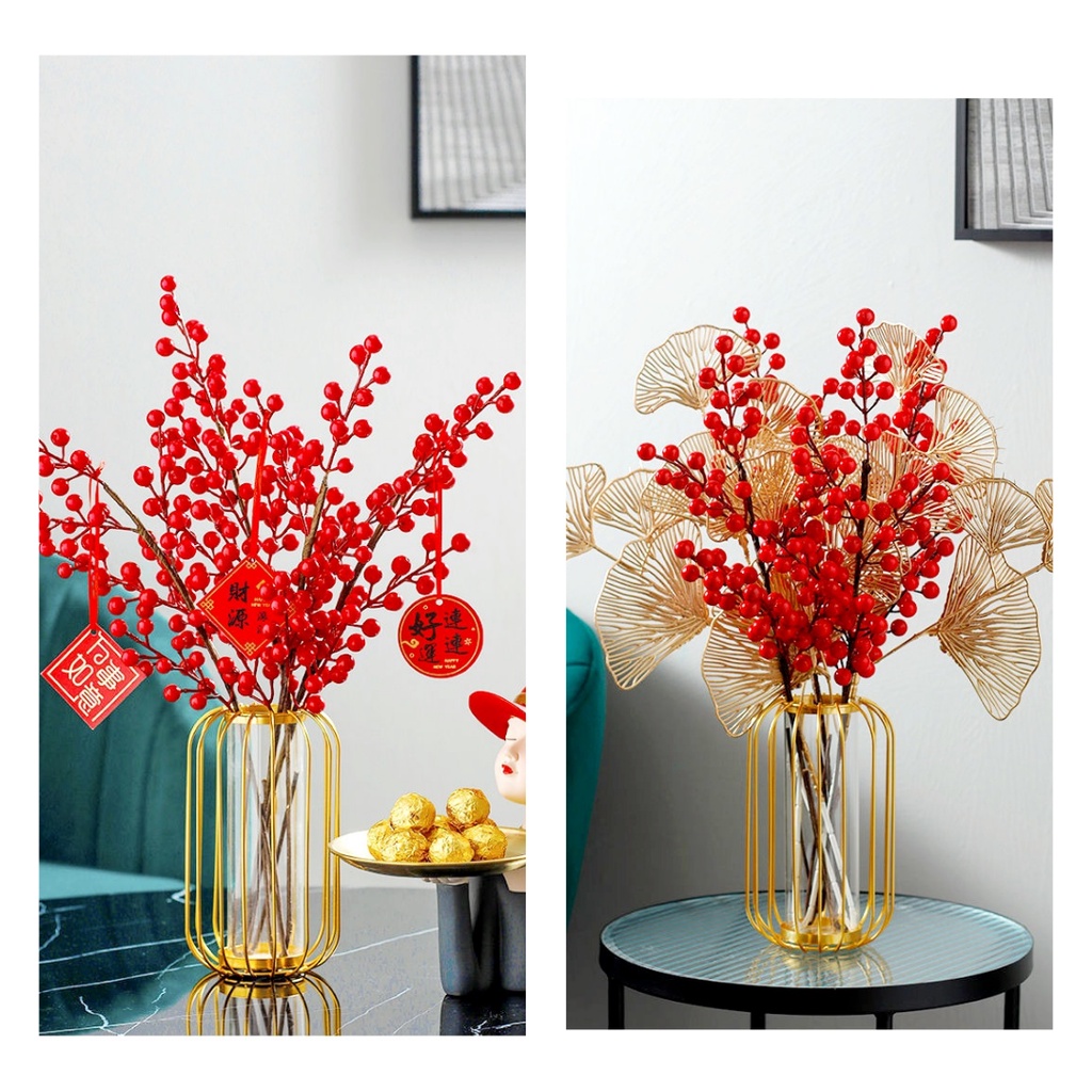 Cành Đào Đông Đỏ 12 Nhánh Cao Cấp Kèm Cành Lá Các Loại - Hoa Giả Decor Để Bàn Trang Trí Phòng Khách, Ngày Tết, Chụp Ảnh