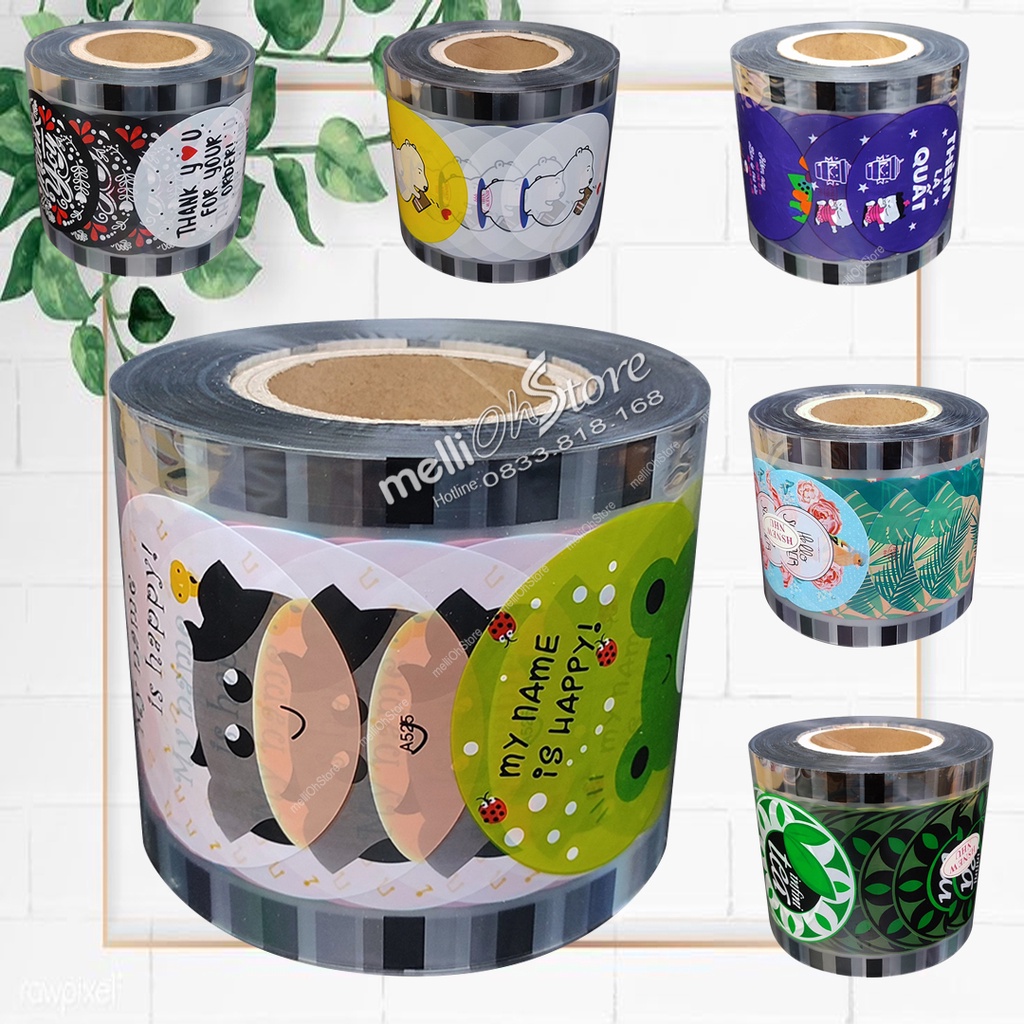 Màng dập ly nhựa, cuộn keo ép ly nhựa, màng ép ly trà sữa hiệu, cam kết đủ 2400 ly/cuộn Tùy chọn mẫu