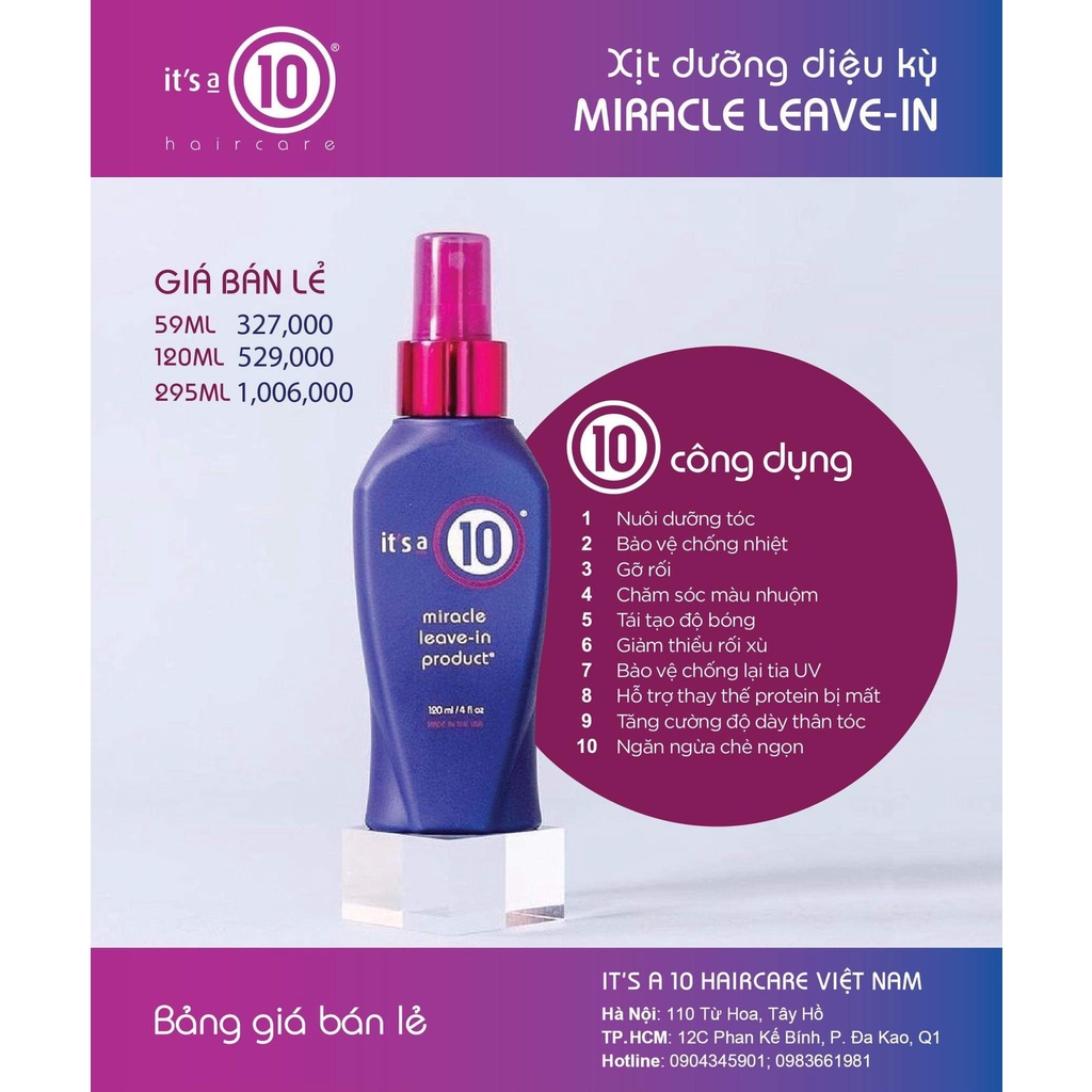 Xịt dưỡng tóc cao cấp It’s A 10 Miracle Leave in Product 59.1ML - 120ML - 295.7ML