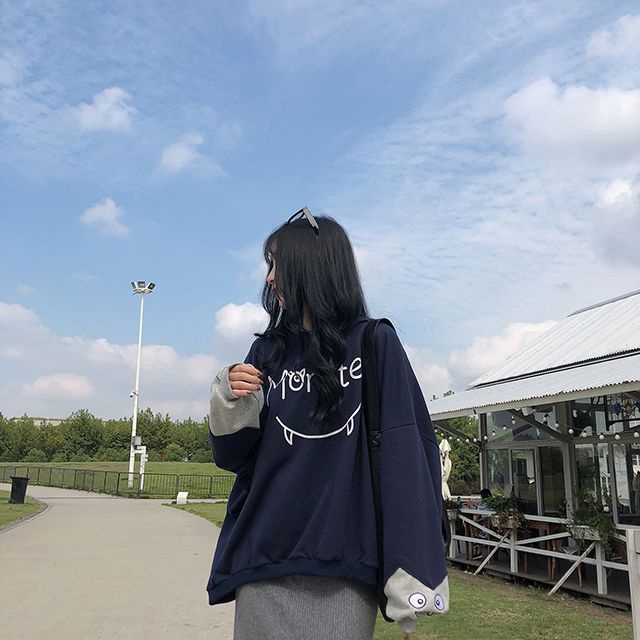Áo Hoodie Lông Dày Dáng Rộng In Họa Tiết Hoạt Hình Màu Tương Phản Kiểu Hàn Quốc Thời Trang Thu Đông Cho Học