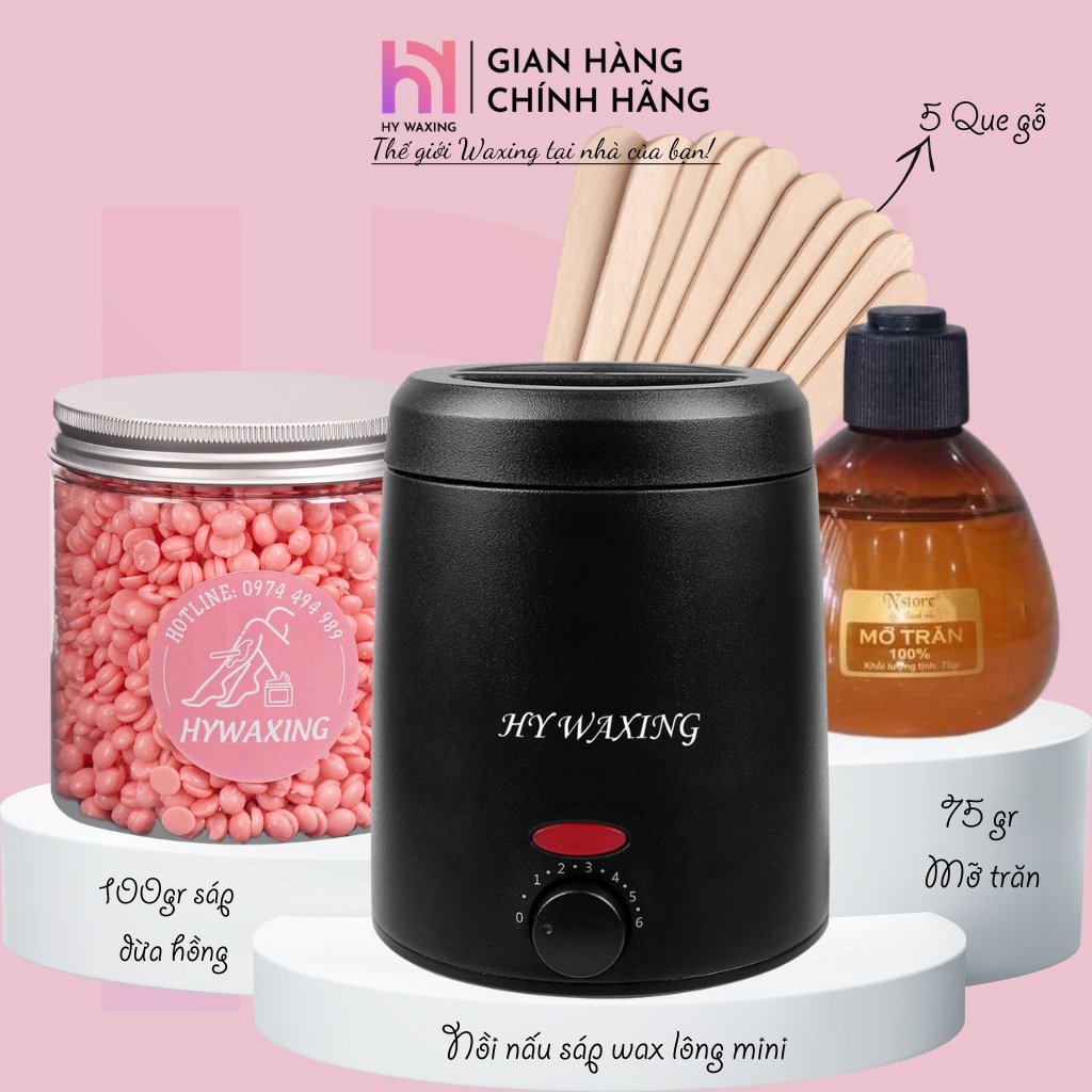 [CHE TÊN] Combo 100gr Sáp Hồng Dừa + Nồi Nấu Sáp Wax Lông Chống Dính Mini HY WAXING + Mỡ Trăn Tặng Que