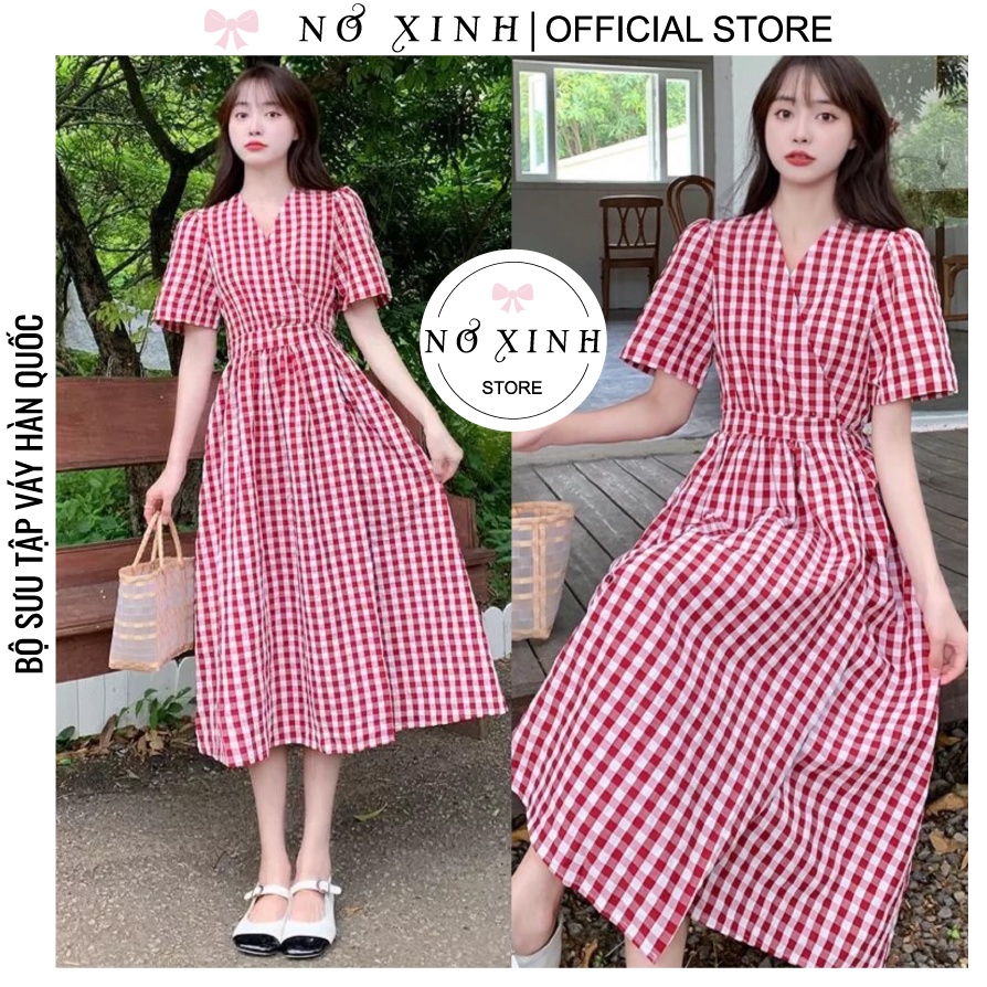 Đầm Dự Tiệc Công Sở Xòe Họa Tiết Caro Hàn Quốc Dễ Thương Có Size M-L-XL-XXL (ảnh+video thật)
