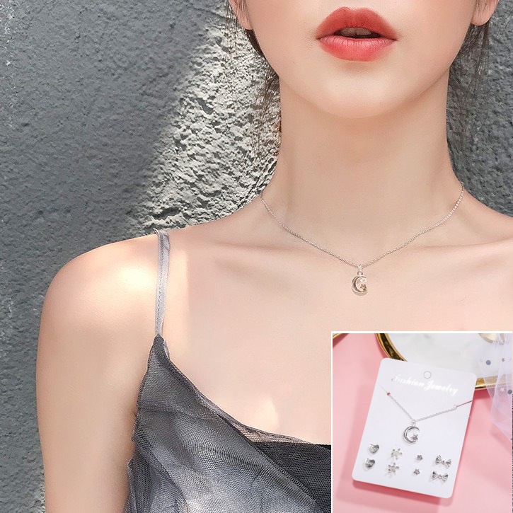 [L2M] SET 5 MÓN gồm dây chuyền mặt TRĂNG SAO và 4 cặp bông tai thời trang phong cách Hàn Quốc xinh xắn