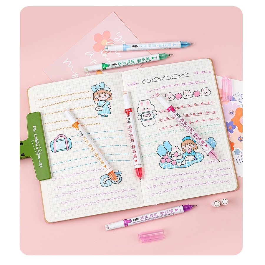 Bộ 3 / 6 Bút Lông Màu Sắc Bắt Sáng Dạng Lăn Hai Mặt Dành Cho Vẽ Đường Kẻ C7281