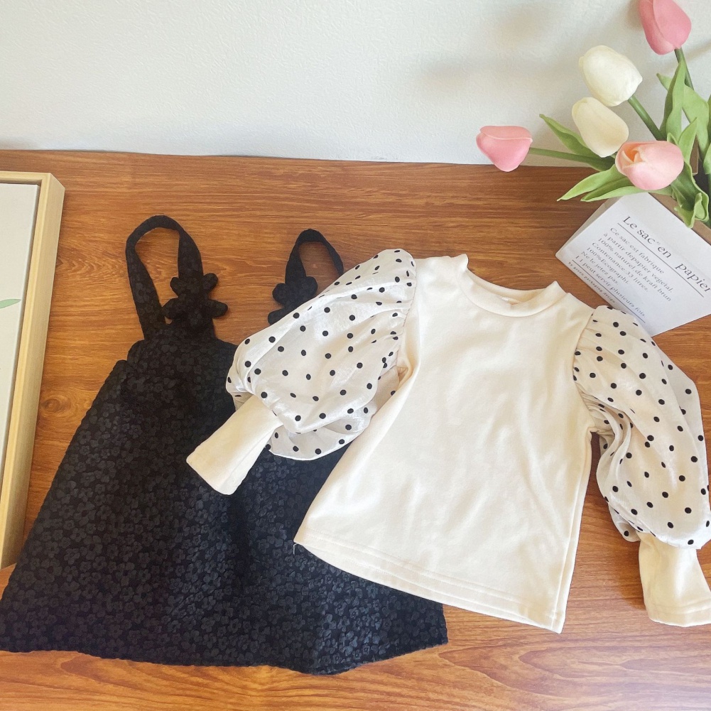 Set Áo Tay Phồng Chấm Bi Phối Váy Yếm Thời Trang Mùa Thu Dễ Thương Cho Bé Gái