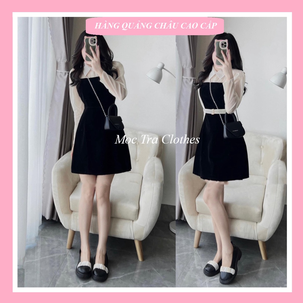 Đầm nhung nữ kèm đai Quảng Châu thiết kế phối sơ mi tơ siêu xinh, Váy công sở nữ rẻ đẹp trẻ trung