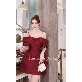 Bigsize hiếu hiếu ( đầm gấm thiết kế trễ vai nơ xoắn eo 55-100kg )
