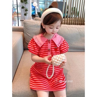 Đầm len kẻ cổ bèo khuy nút trơn cài size từ 8-22kg