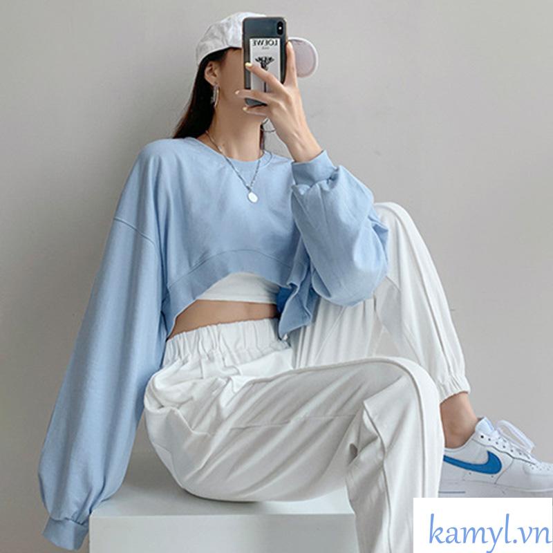 Áo Sweater Tay Dài Cổ Tròn Dáng Rộng Màu Trơn Thời Trang Mùa Thu Cho Nữ