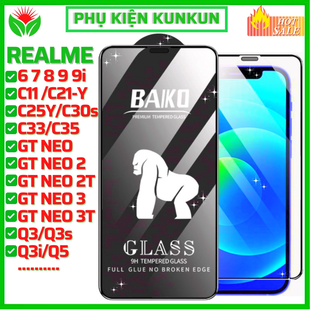 Cường lực Baiko Realme 6 7 8 9 9i Pro Realme C11 C21-Y C25Y C30s C33 C35 GT Neo 2 Pro 2T 3 Q3s Q3 Q3i Pro Q2 Q5 5G 10