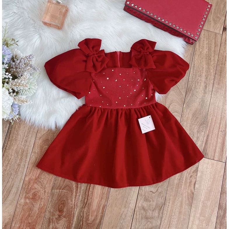 Váy nhung đỏ cho bé diện Noel, Tết kiểu dáng tiểu thư Đậu Baby