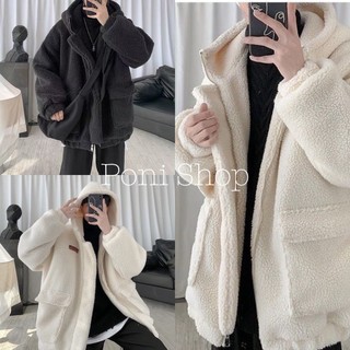 Áo khoác nam nữ, áo khoác lông cừu mũ phối logo ngực 2 màu siêu xinh