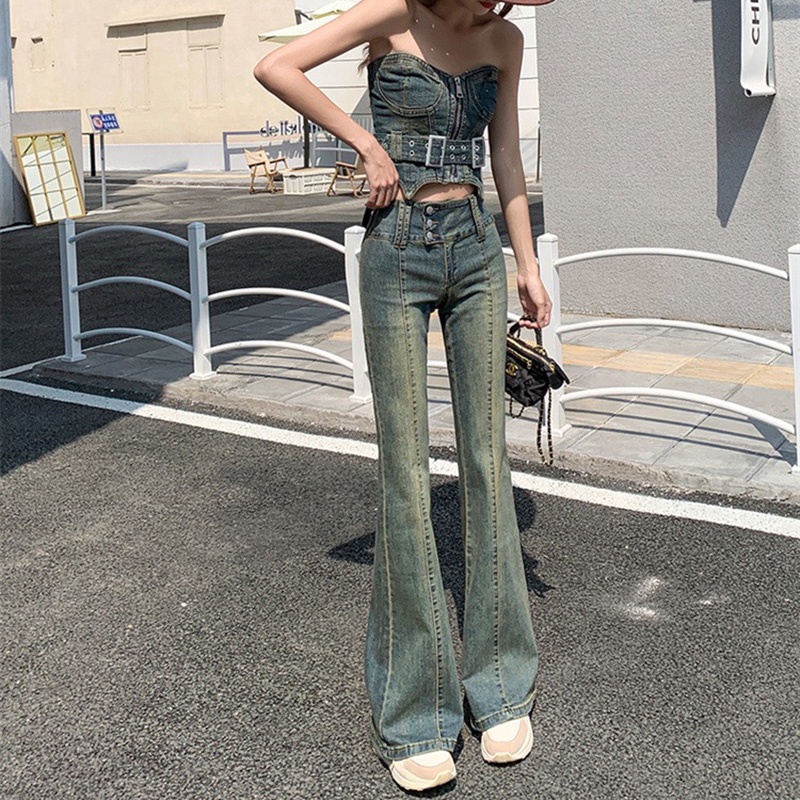 IELGY Quần denim Dài Co Giãn Màu Xanh Dương Phong Cách retro Dễ Phối Đồ Cho Nữ