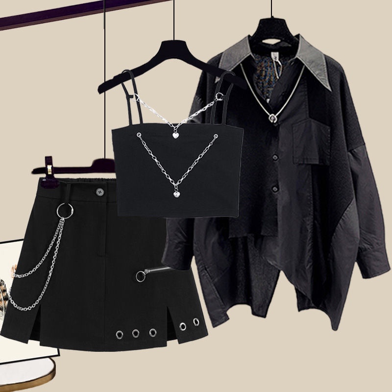 Set Áo Sơ Mi Ba Lỗ Phối Chân Váy Xích Thời Trang Hè 2022 Plus Size Cho Nữ