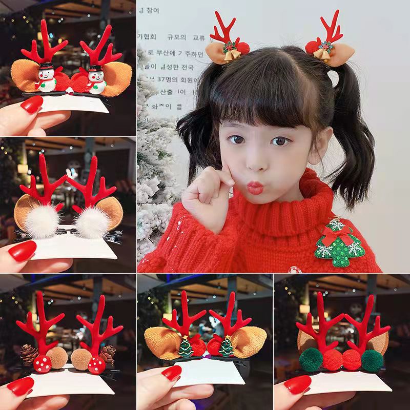 Set kẹp tóc noel nơ cài đầu hình sừng tuần lộc họa tiết giáng sinh cho bé