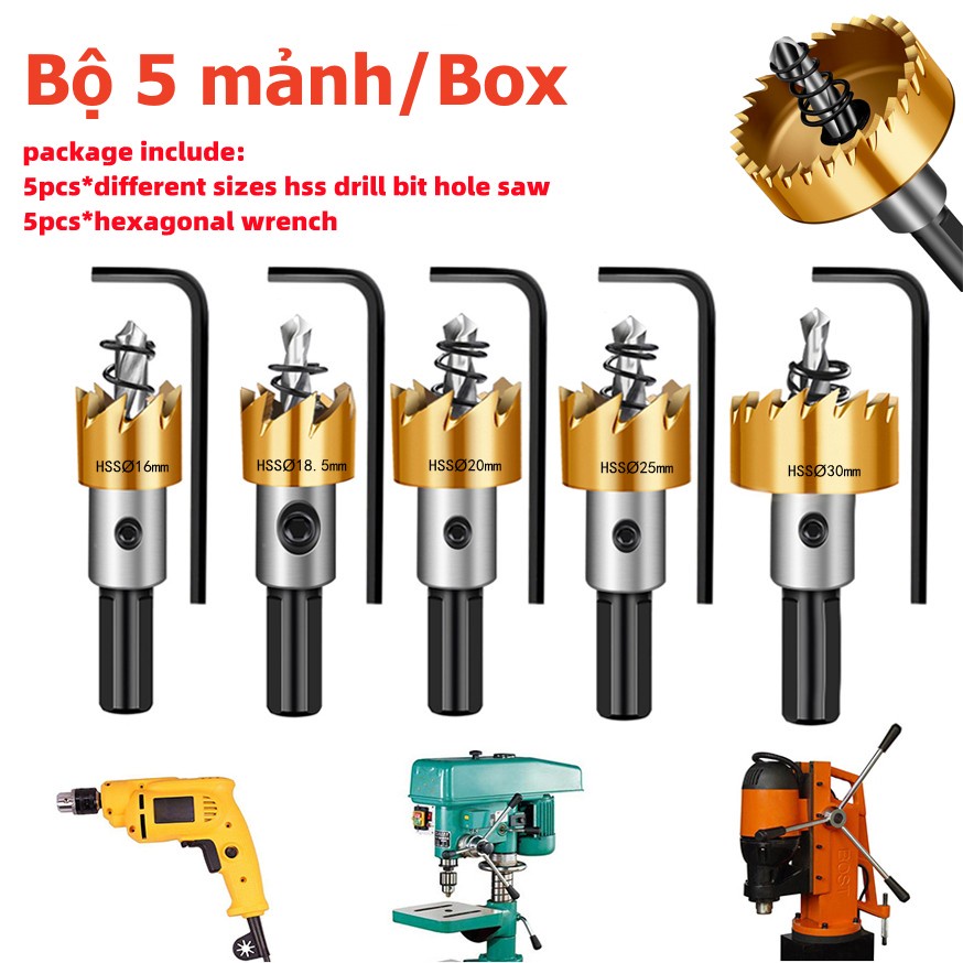Bộ 5 Mũi Khoan Khoét Lỗ Mạ Titan - Mũi Khoét Kim Loại Thép HSS Kích Thước 16mm - 30mm Có Mũi Định Tâm