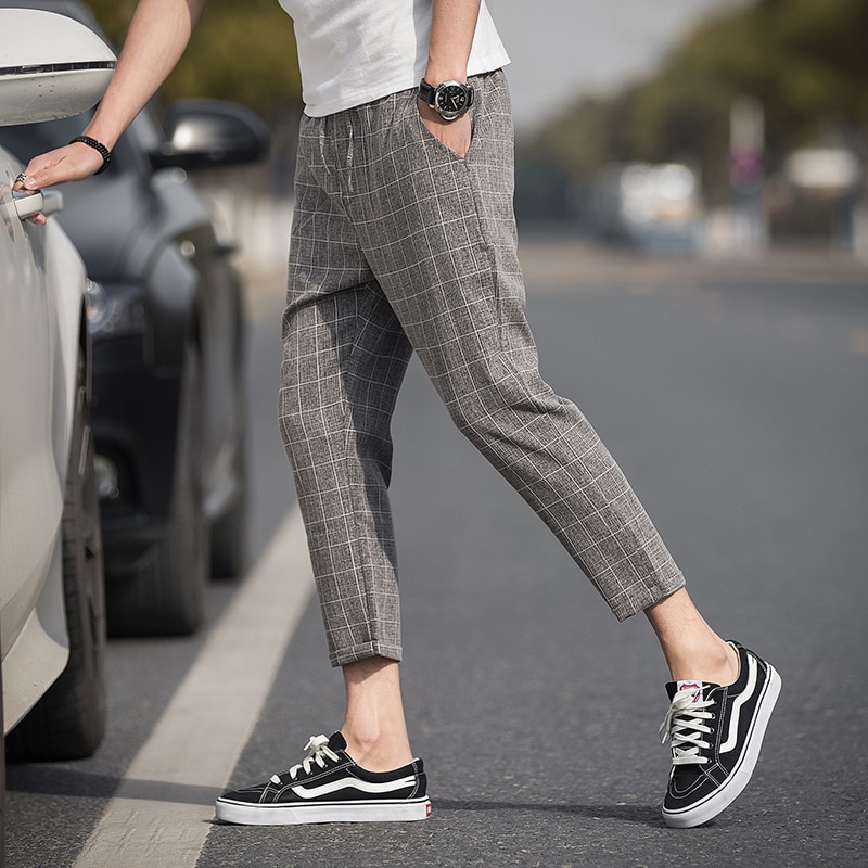 Quần Dài Vải Lanh Mềm Mại Họa Tiết Sọc Caro Size S-5Xl / * Cho Nam#Giày Kaki Kaki Thời Trang Trẻ Trung Năng Động