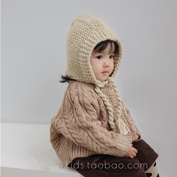 Mũ Len Trùm Tai Màu Trơn Đính Tua Rua Dễ Thương Cho Bé