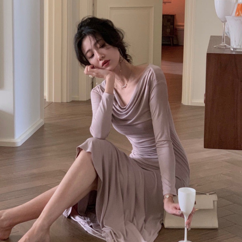 Đầm Tay Dài Hở Vai Màu Sắc Trơn Thời Trang Dành Cho Nữ