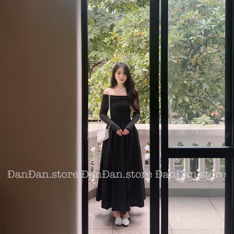 Váy trễ vai gân dài tay (hàng có sẵn)
