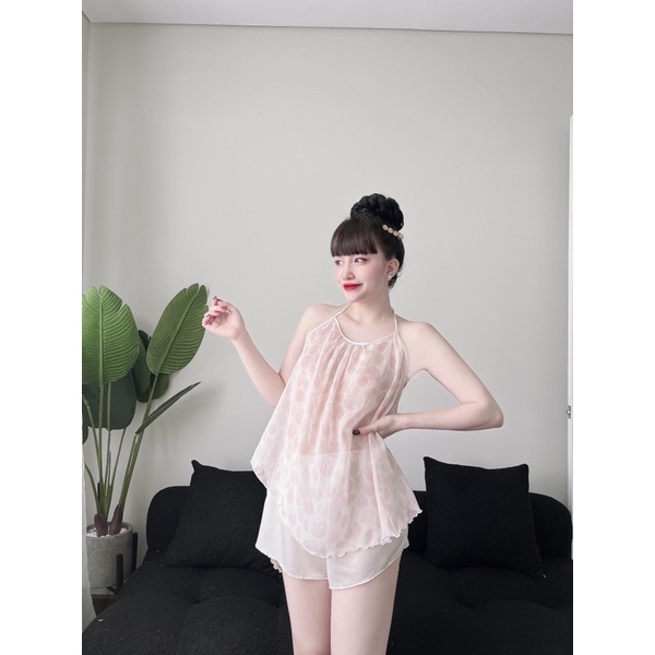 Đồ ngủ sexy nữ SOJUN Bộ yếm Voan cột nơ quần satin phối áo voan size <65kg | BigBuy360 - bigbuy360.vn