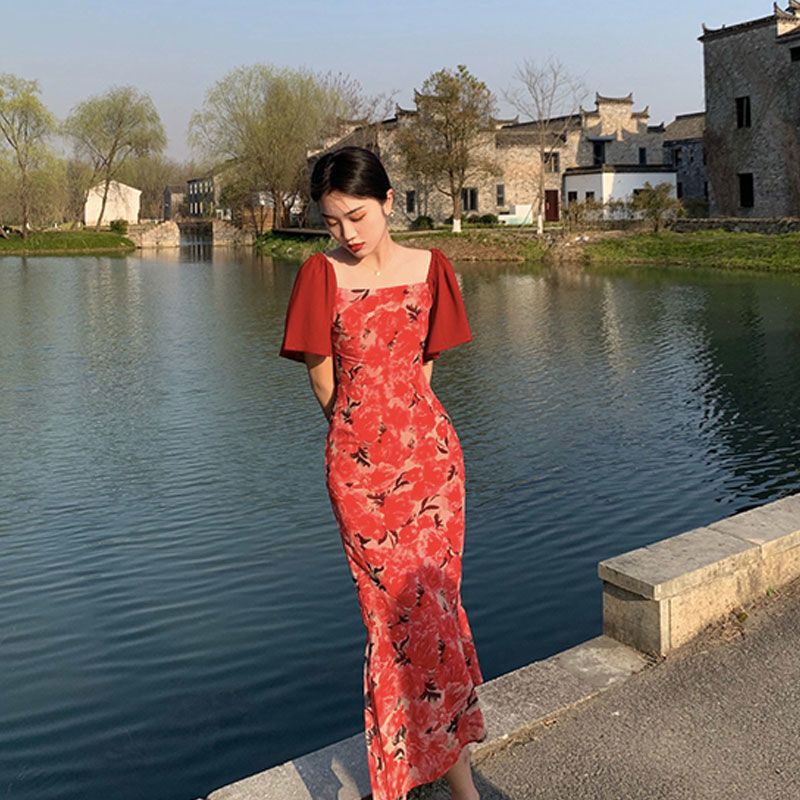 [M &amp; E] Đầm Dài Đuôi Cá Tay Bay Nhấn Eo Mỏng In Họa Tiết Hoa Mẫu Đơn Phong Cách Pháp Cổ Điển Thời Trang Mùa Hè Cho Nữ