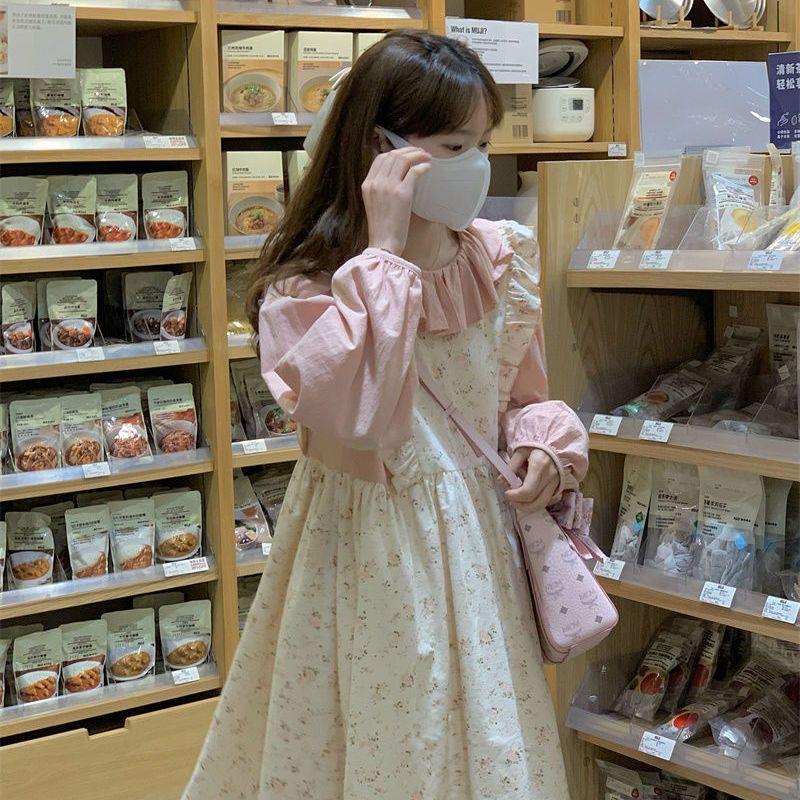 Đầm Hoa Giả Hai Mảnh Dáng Rộng Phong Cách Preppy Hàn Quốc Mới Cho Nữ