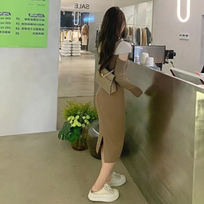 Đầm SUXI tay dài dệt kim ôm dáng phối hai màu cổ điển thời trang thu đông dành cho nữ