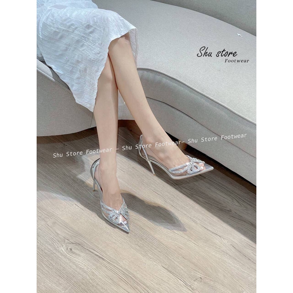 Giày cao gót mica trong gót nhọn cao 9 phân phối cánh bướm đá thời trang nữ Shu Store
